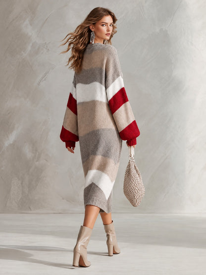 Urban-silhouette Colorblock V-neck Button-down Knit Midi Dress