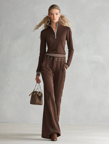 Chic Sporty Style Brown Sweatshirt And Wide-Leg Pants Cotton Set