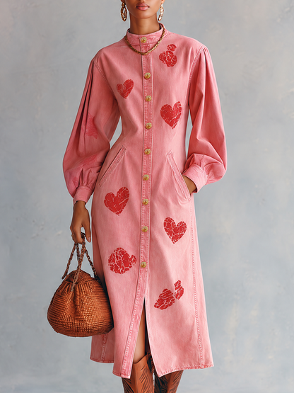 Romantic Western Pink Heart Print Puff Sleeve Button Front Denim Midi Dress