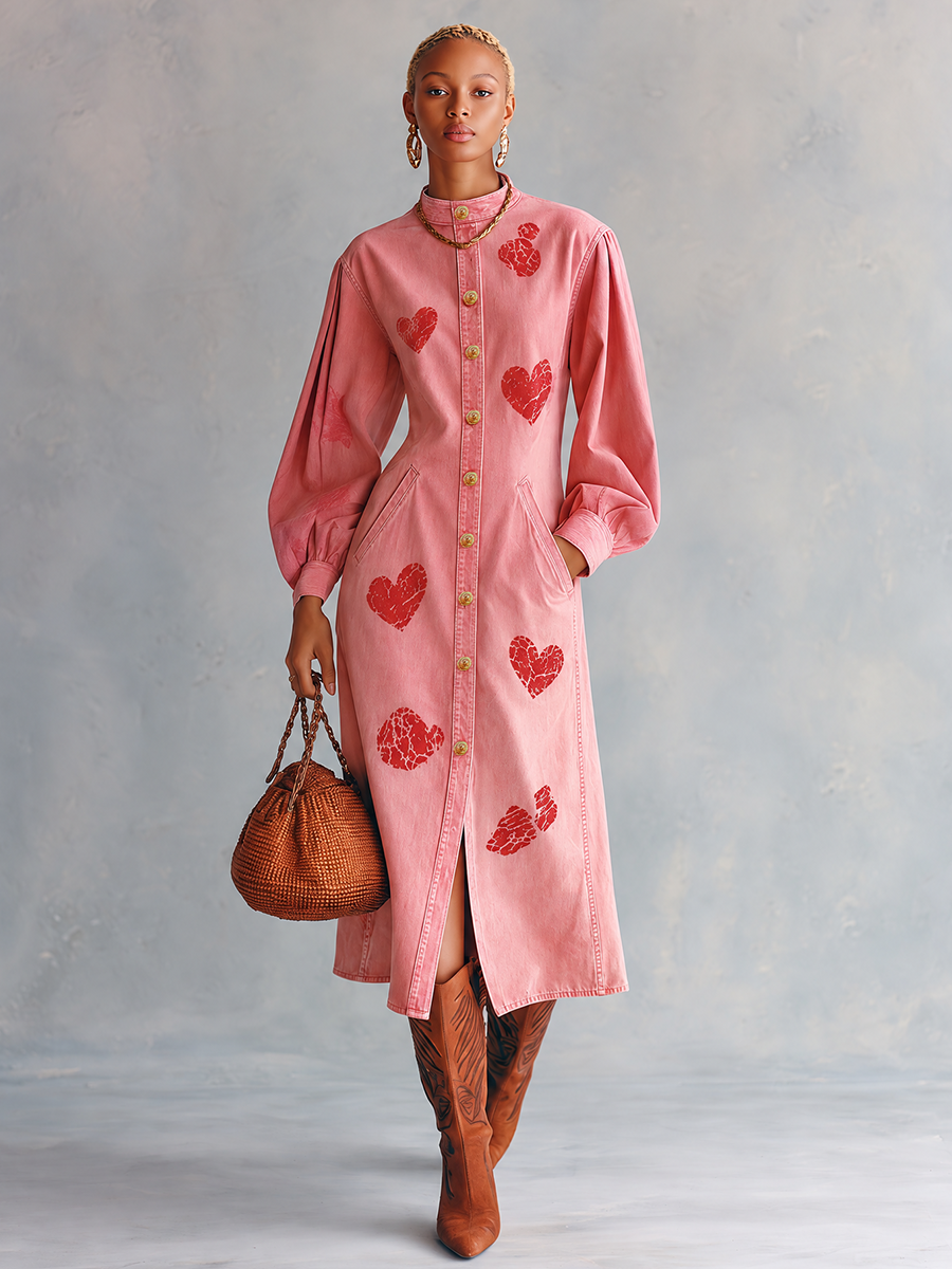 Romantic Western Pink Heart Print Puff Sleeve Button Front Denim Midi Dress