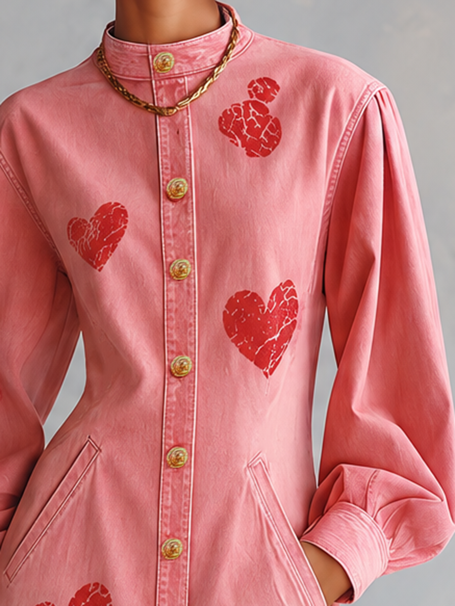 Romantic Western Pink Heart Print Puff Sleeve Button Front Denim Midi Dress