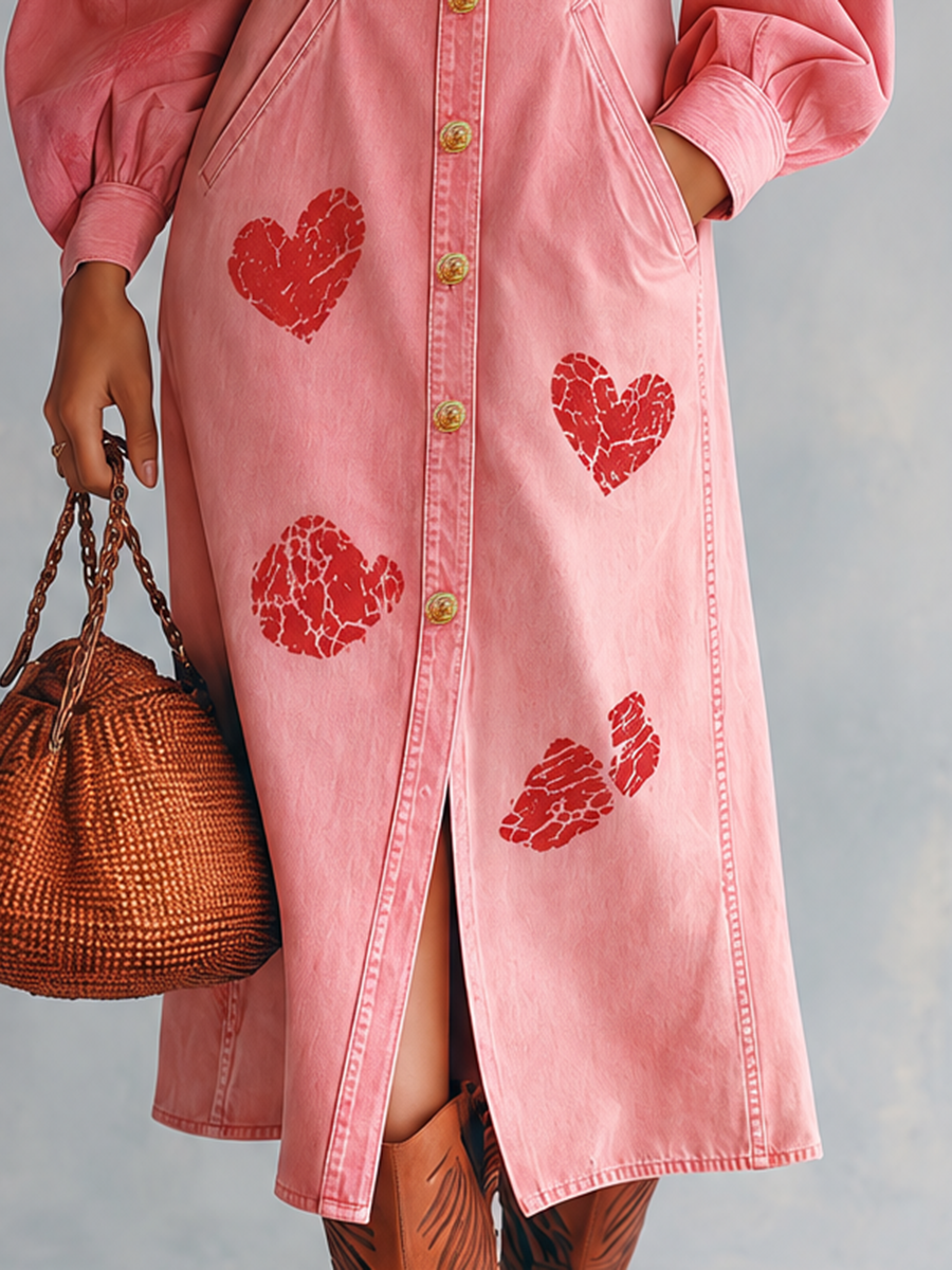 Romantic Western Pink Heart Print Puff Sleeve Button Front Denim Midi Dress