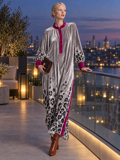 Retro Chic Color-blocked Trim And Leopard Print Silver Henley Collar Velvet Maxi Dress