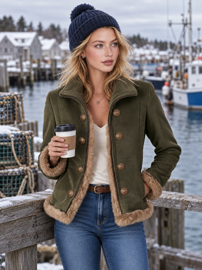 Retro Olive Corduroy Patchwork Faux Fur Coat For Women