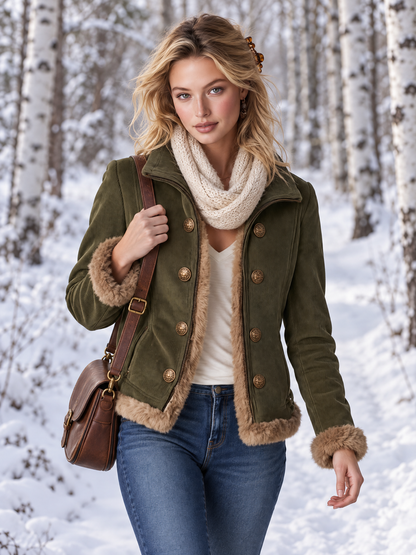 Retro Olive Corduroy Patchwork Faux Fur Coat For Women