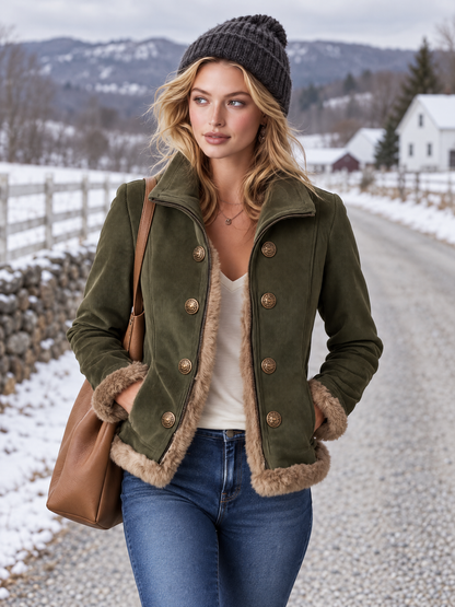 Retro Olive Corduroy Patchwork Faux Fur Coat For Women