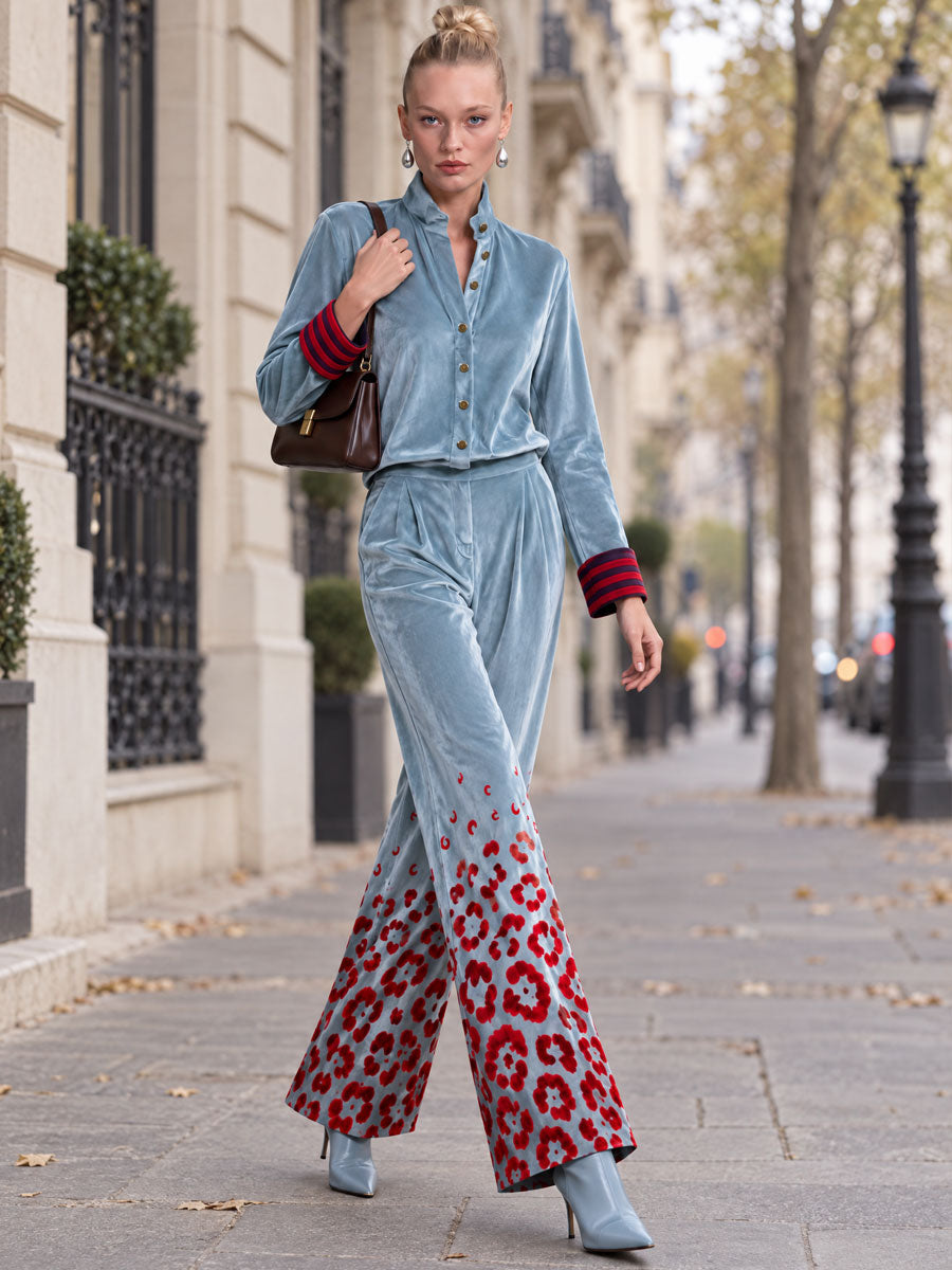 Retro-elegant Color-blocked Striped And Leopard Print Blue Velvet Shirt And Trousers Set