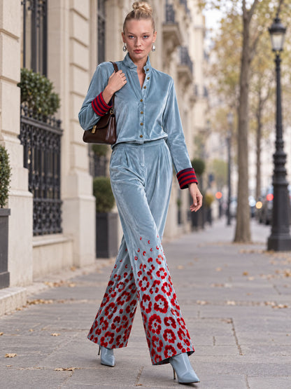 Retro-elegant Color-blocked Striped And Leopard Print Blue Velvet Shirt And Trousers Set