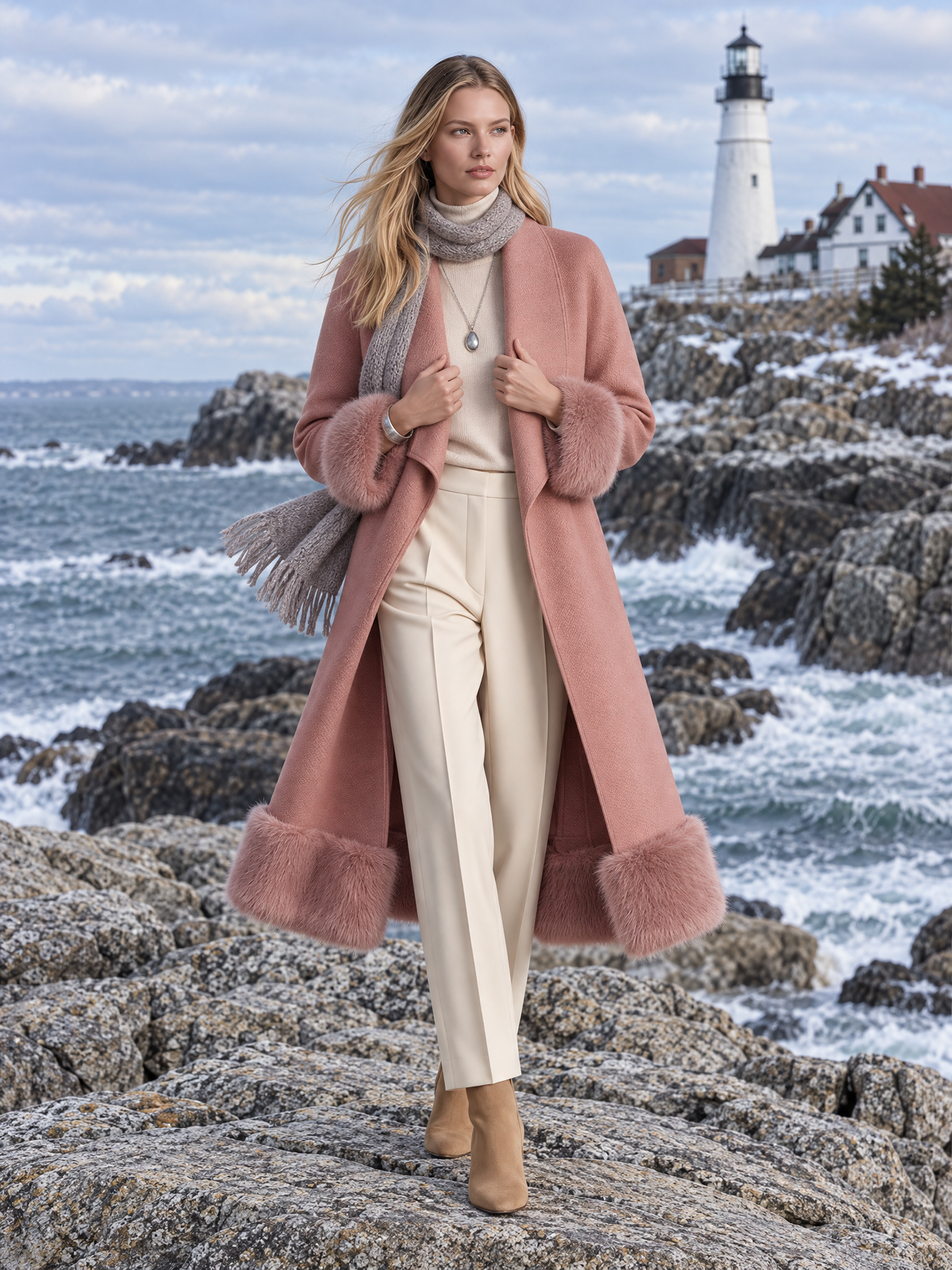 Retro Pink Patchwork Wool-Blend Faux Fur Coat, Vintage Western Women&