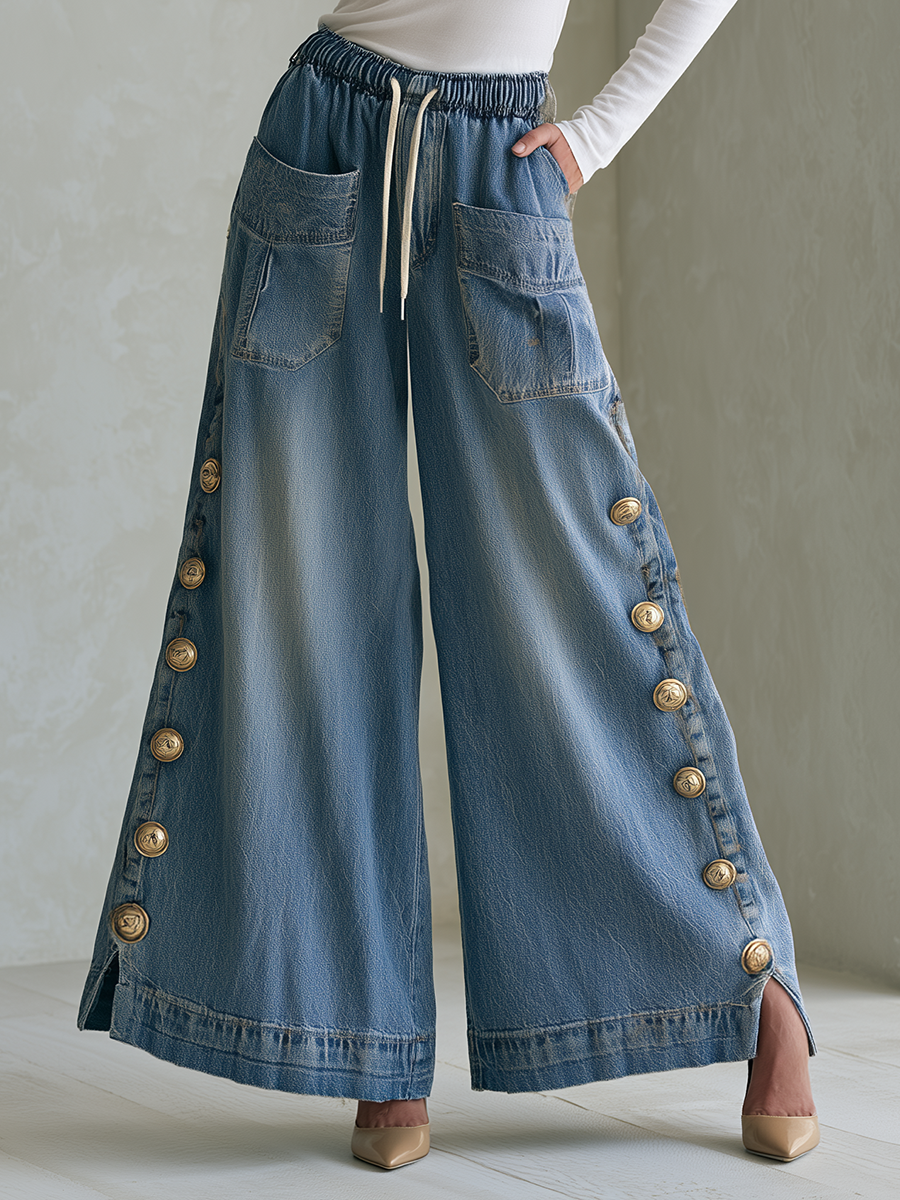 Vintage Chic Drawstring Gold Button Side Slit Wide Leg Jeans