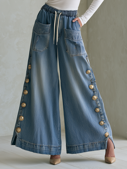 Vintage Chic Drawstring Gold Button Side Slit Wide Leg Jeans