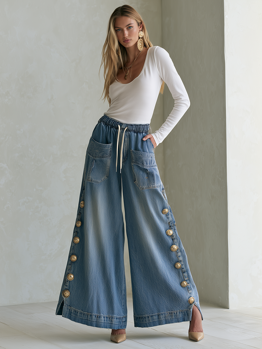 Vintage Chic Drawstring Gold Button Side Slit Wide Leg Jeans