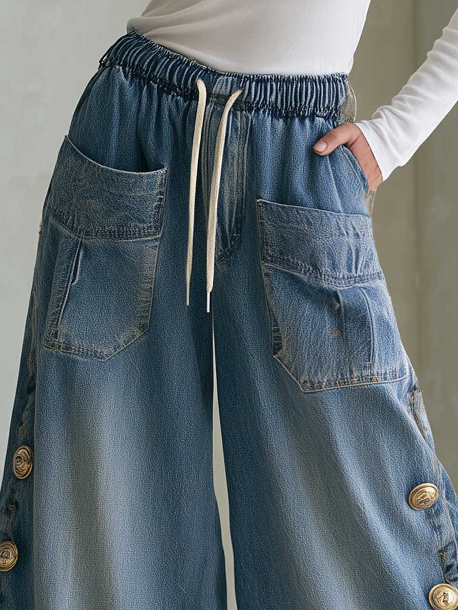 Vintage Chic Drawstring Gold Button Side Slit Wide Leg Jeans