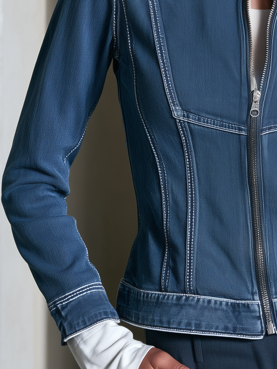 Modern Chic Stand Collar Zip Up Contrast Stitch Fitted Denim Jacket