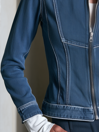 Modern Chic Stand Collar Zip Up Contrast Stitch Fitted Denim Jacket