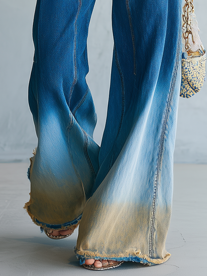 Boho Ombre Dip Dye High Rise Frayed Hem Wide Leg Jeans