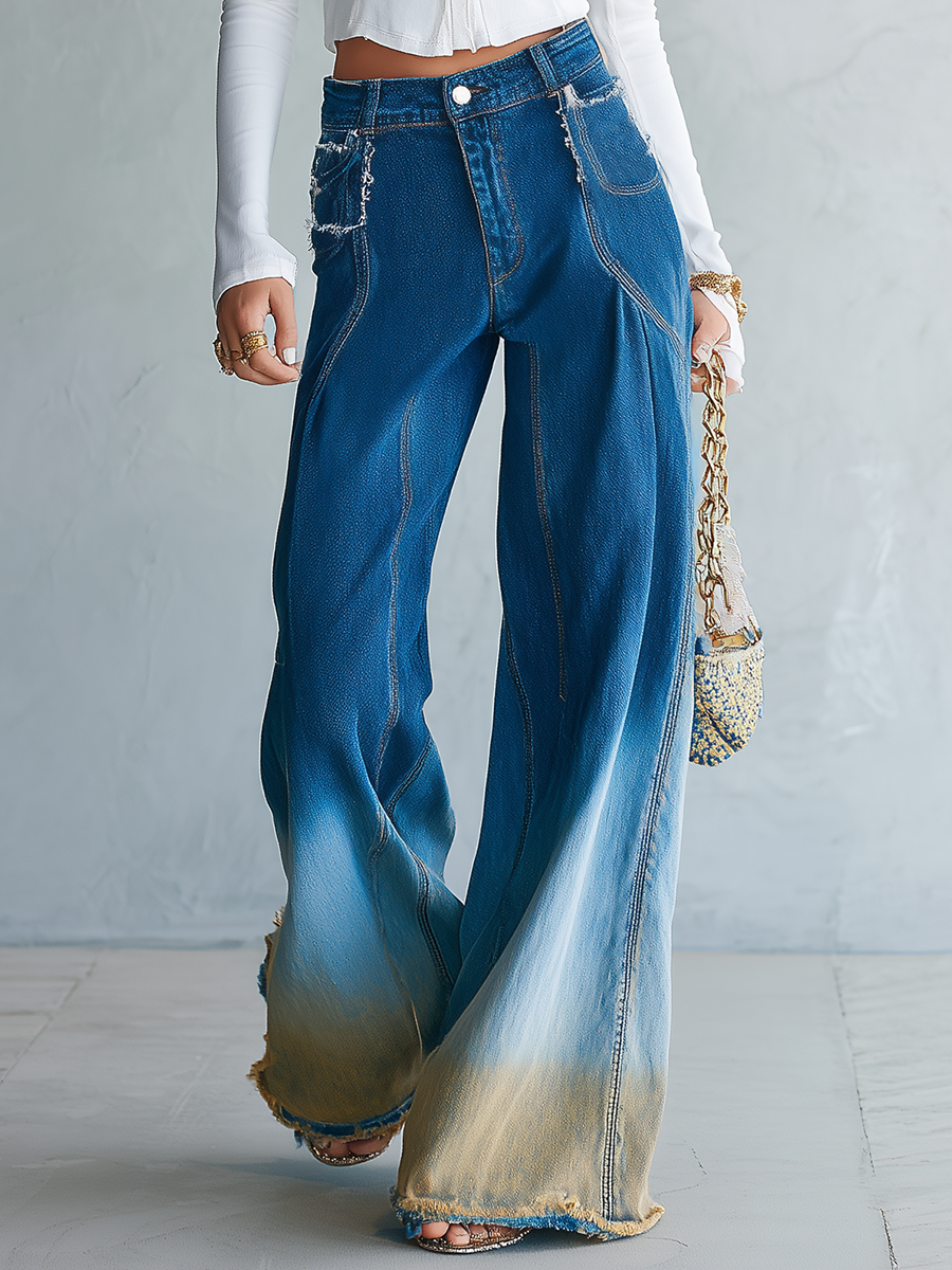 Boho Ombre Dip Dye High Rise Frayed Hem Wide Leg Jeans