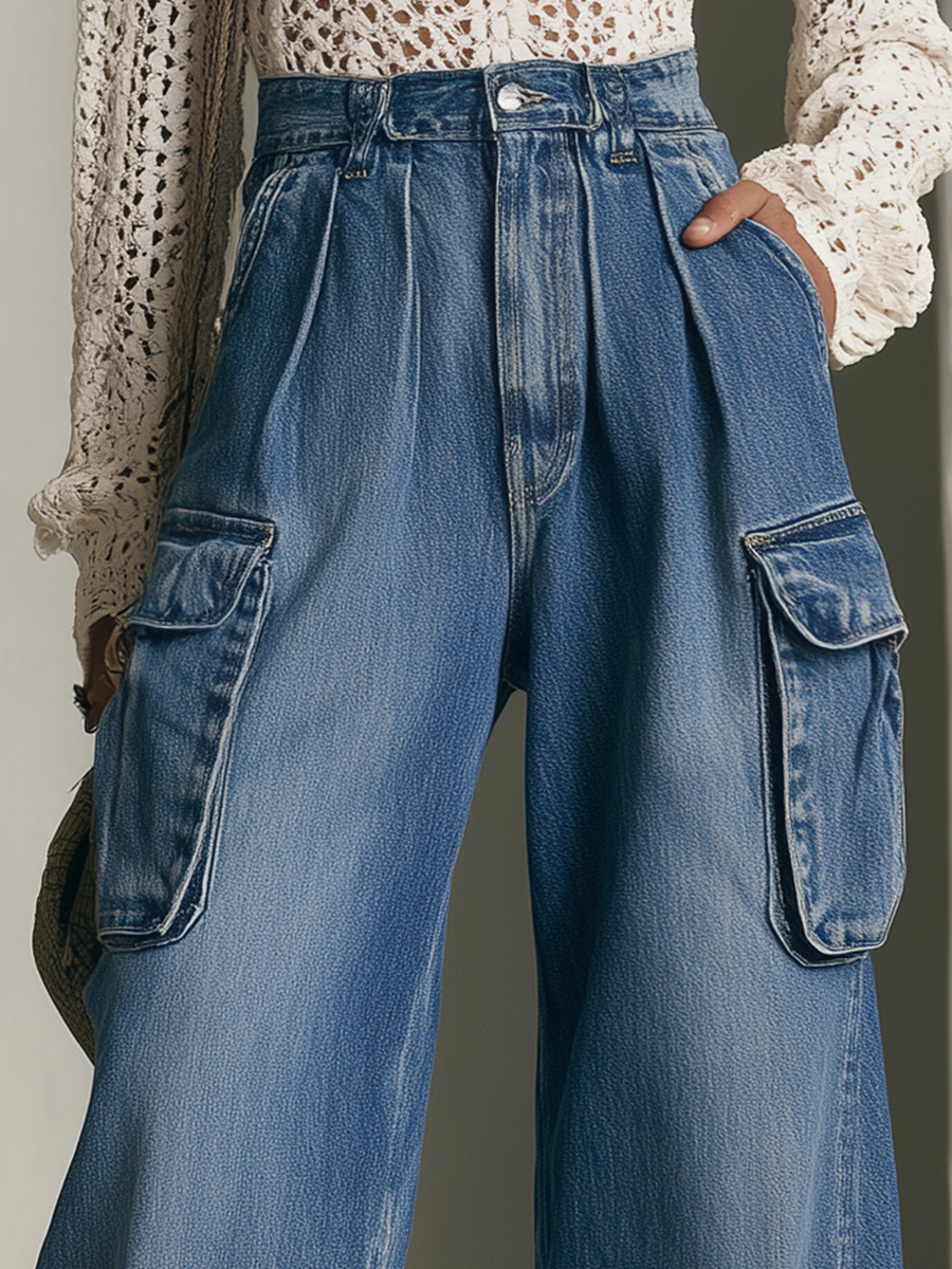 Relaxed Utility High Waist Cargo Pocket Elastic Cuff Balloon Jeans