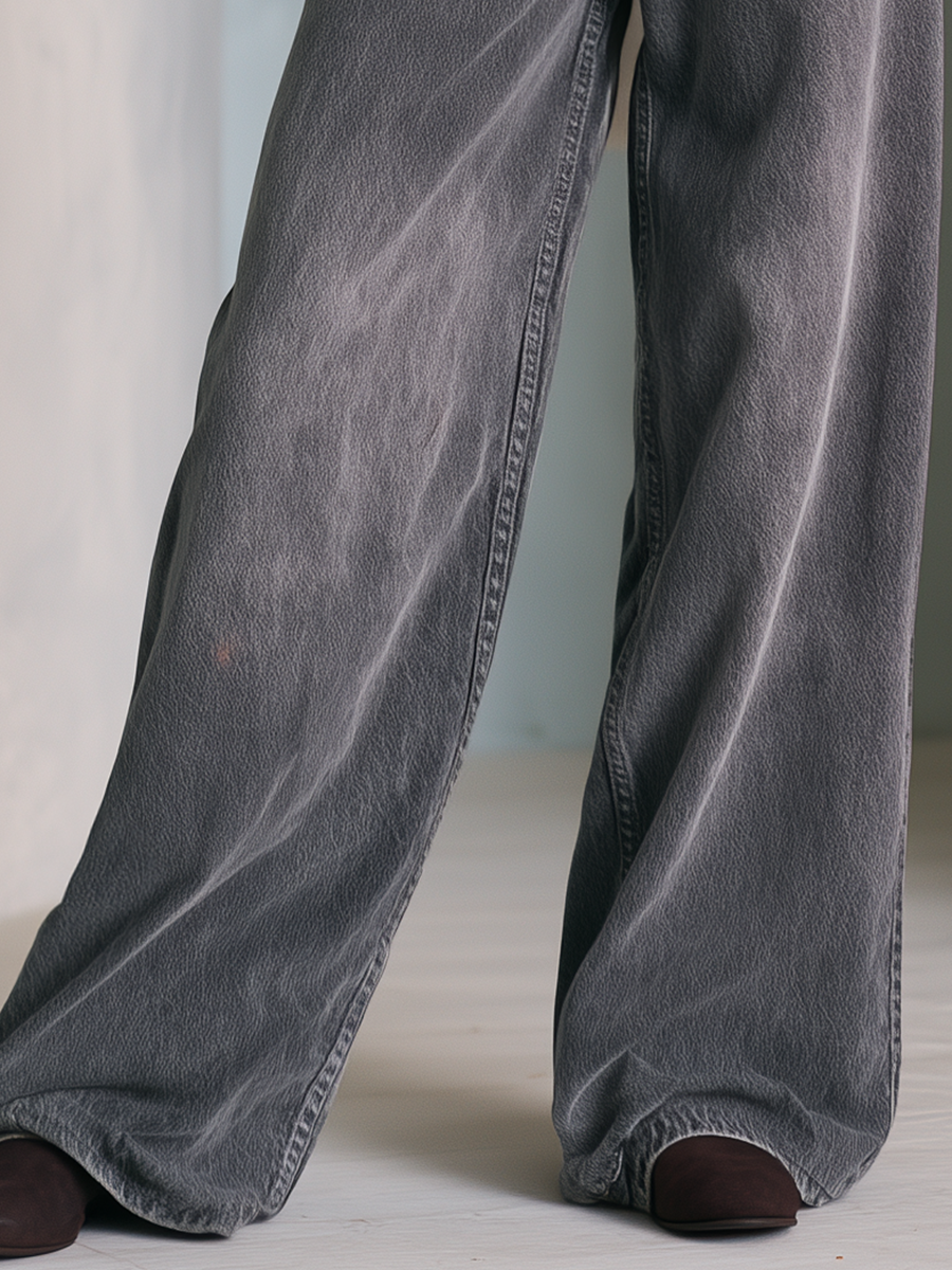 Modern Chic Asymmetric Snap Button Wrap Front Gray Wash Wide Leg Jeans