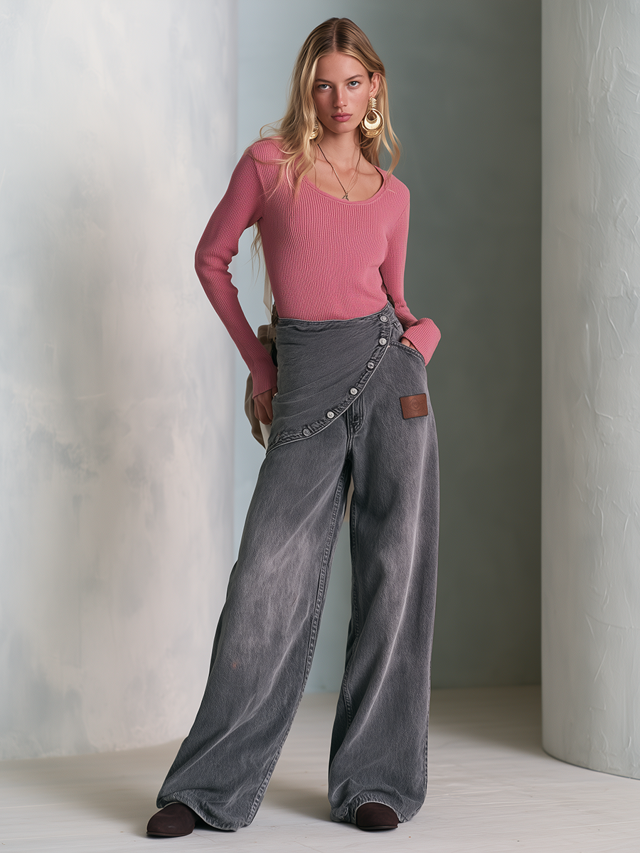 Modern Chic Asymmetric Snap Button Wrap Front Gray Wash Wide Leg Jeans