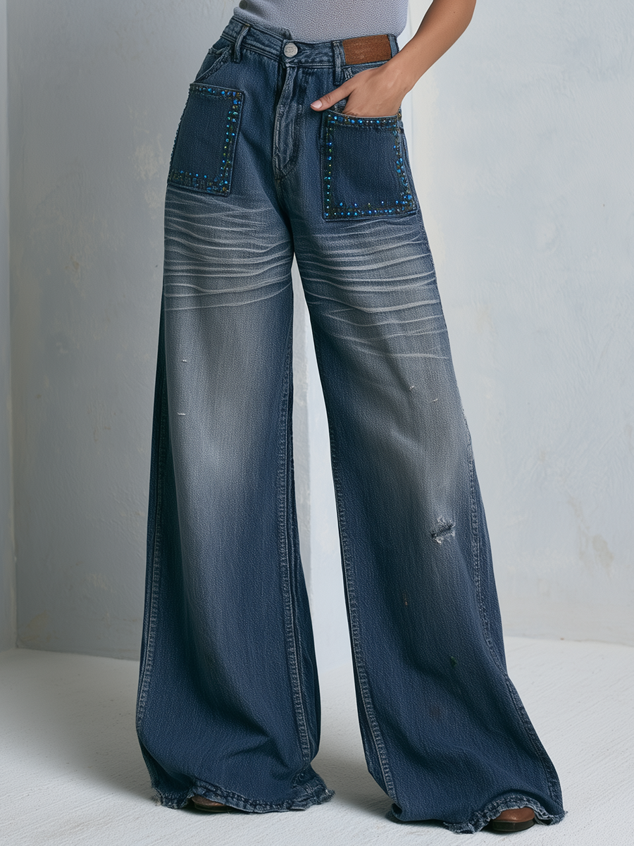 Vintage Western Studded Pocket Whiskered Wash Wide Leg Jeans