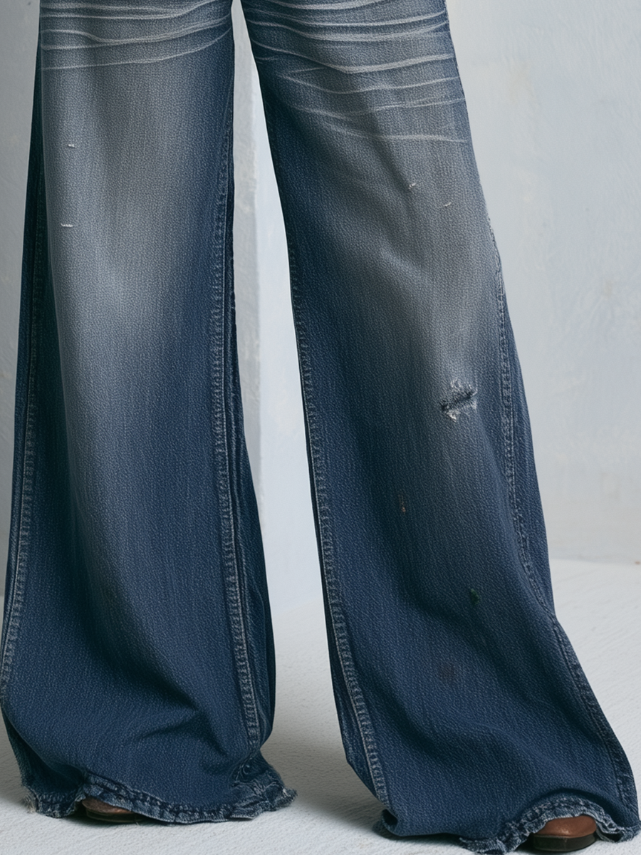 Vintage Western Studded Pocket Whiskered Wash Wide Leg Jeans