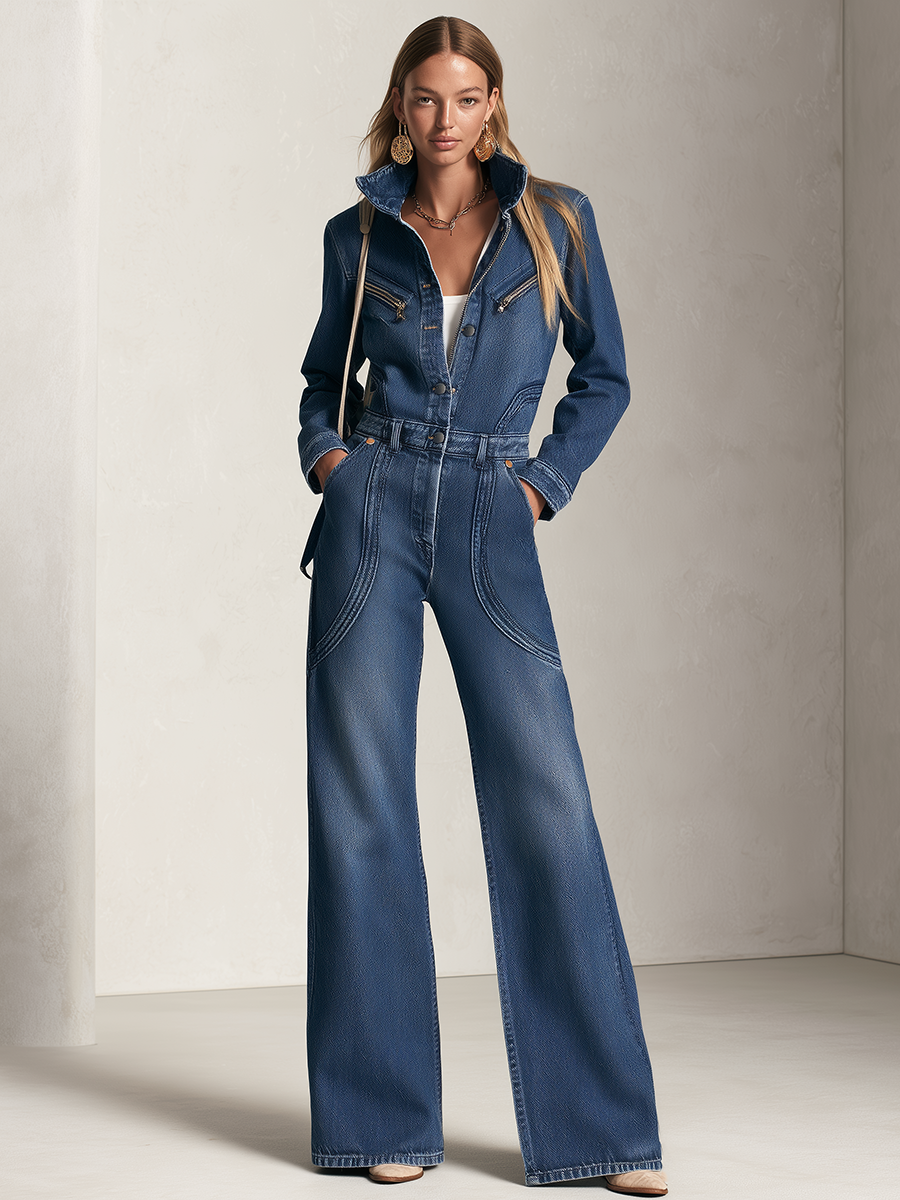 Retro Western Zip Pocket Collared Long Sleeve Wide Leg Denim Jumpsuit