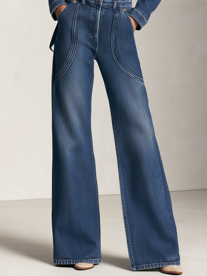 Retro Western Zip Pocket Collared Long Sleeve Wide Leg Denim Jumpsuit