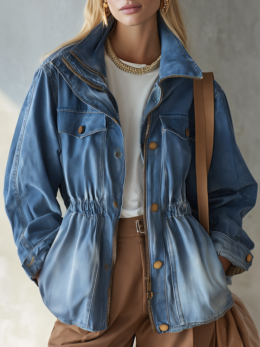 Vintage Utility Faded Wash Cinched Waist Zip Up Peplum Denim Jacket