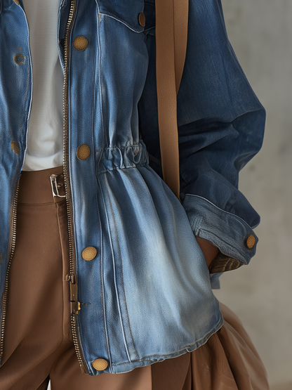 Vintage Utility Faded Wash Cinched Waist Zip Up Peplum Denim Jacket