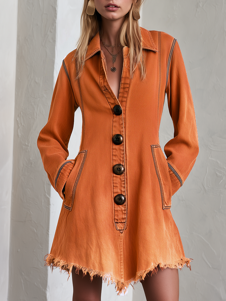 Retro Boho Burnt Orange Frayed Hem Button Front Denim Mini Dress