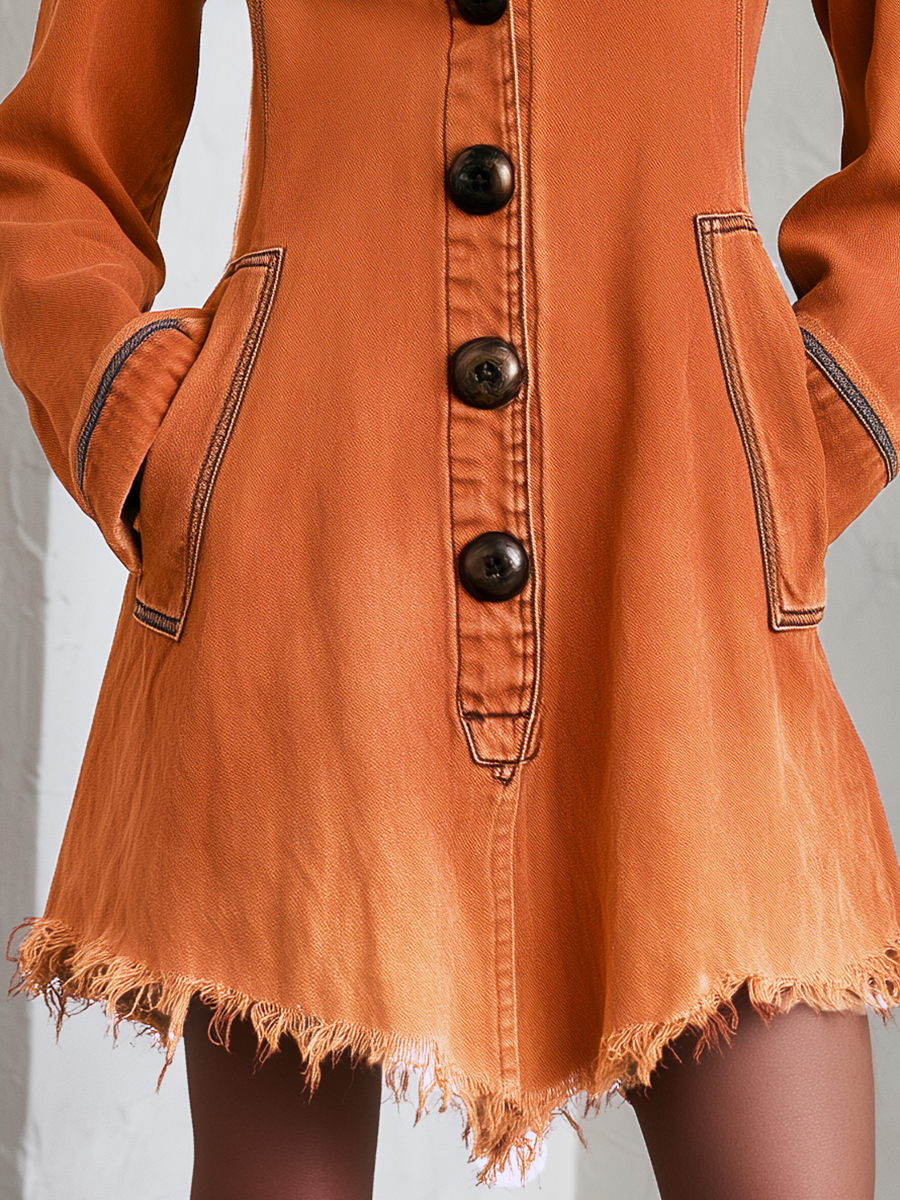 Retro Boho Burnt Orange Frayed Hem Button Front Denim Mini Dress