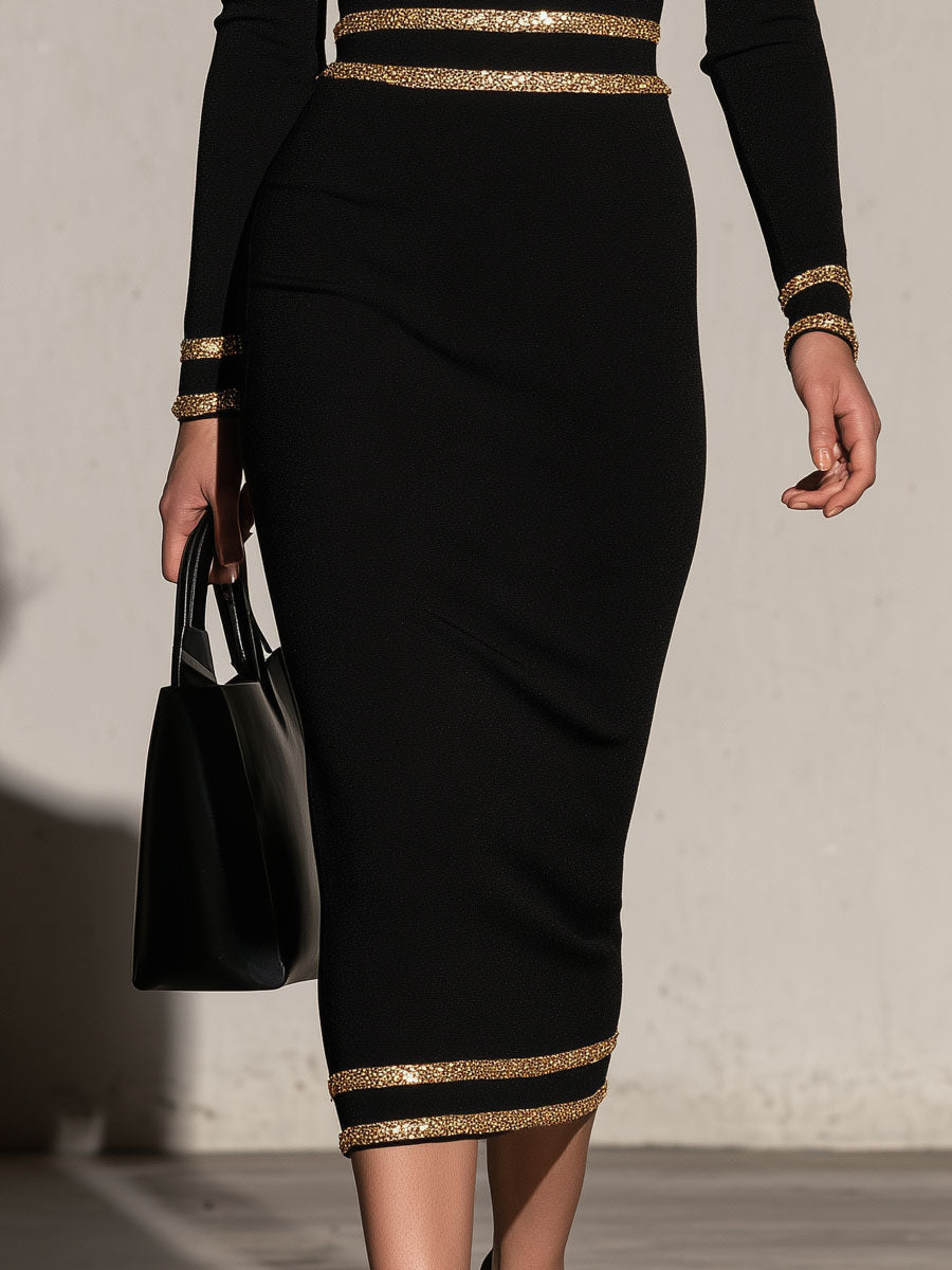 Elegant And Sophisticated Black High-neck Off-shoulder Long-sleeved Midi Dress