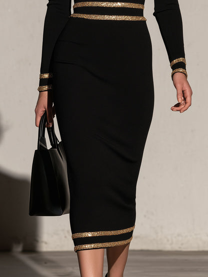 Elegant And Sophisticated Black High-neck Off-shoulder Long-sleeved Midi Dress