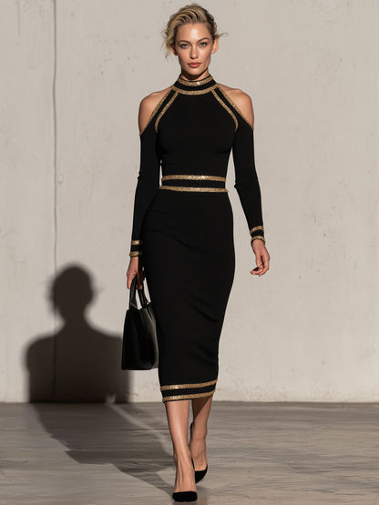 Elegant And Sophisticated Black High-neck Off-shoulder Long-sleeved Midi Dress