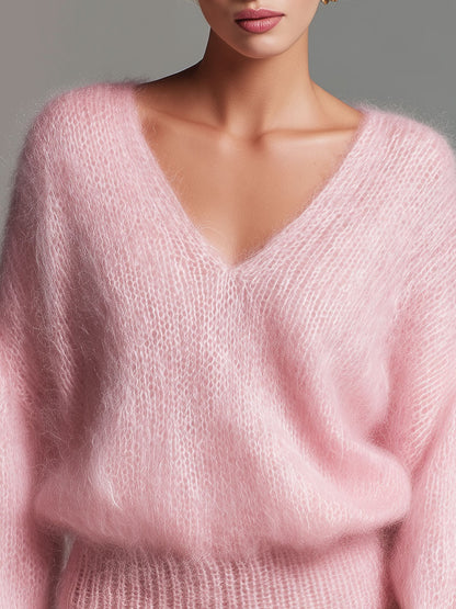 Elegant Pink V-neck Loose Pullover Sweater