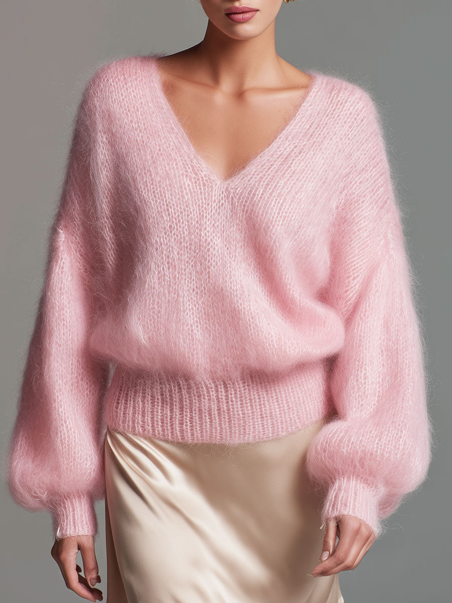 Elegant Pink V-neck Loose Pullover Sweater
