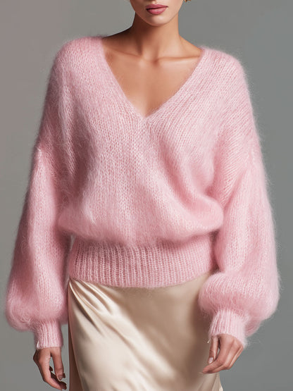 Elegant Pink V-neck Loose Pullover Sweater