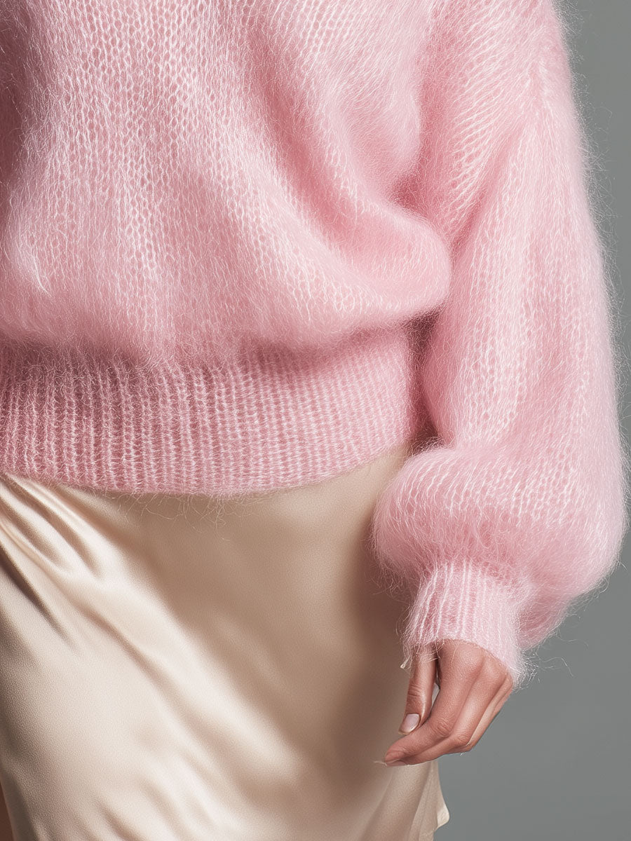 Elegant Pink V-neck Loose Pullover Sweater