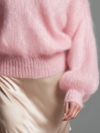 Elegant Pink V-neck Loose Pullover Sweater