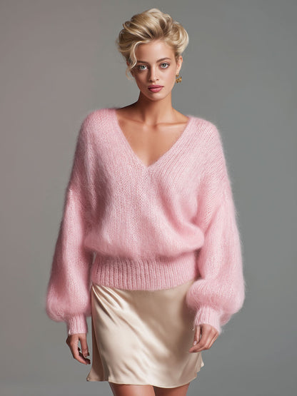 Elegant Pink V-neck Loose Pullover Sweater