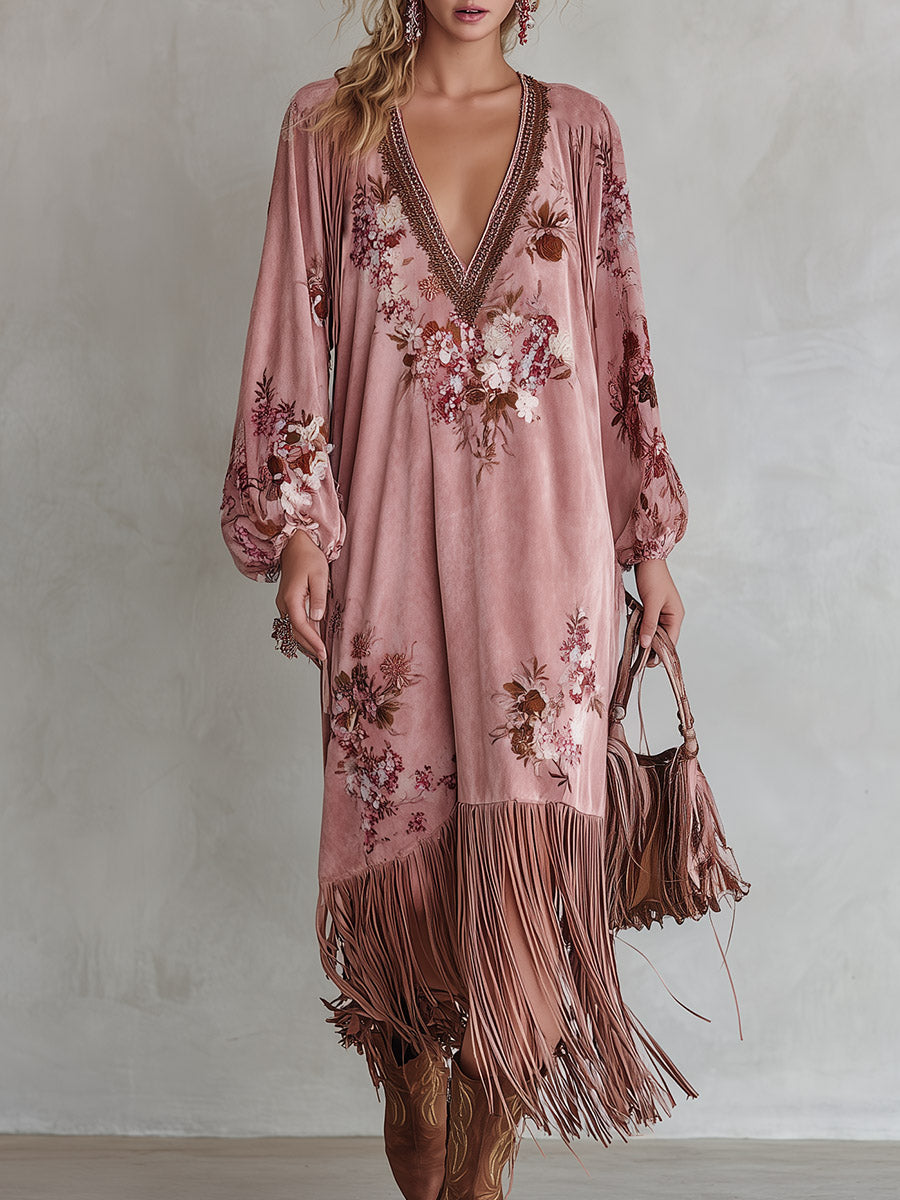 Vintage-style Fringed-hem Pink Floral-print Faux-suede Maxi Dress