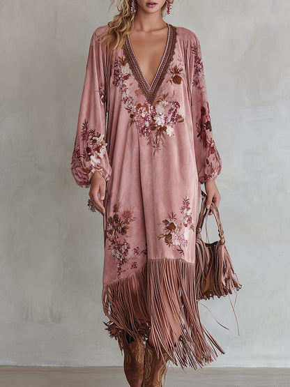 Vintage-style Fringed-hem Pink Floral-print Faux-suede Maxi Dress