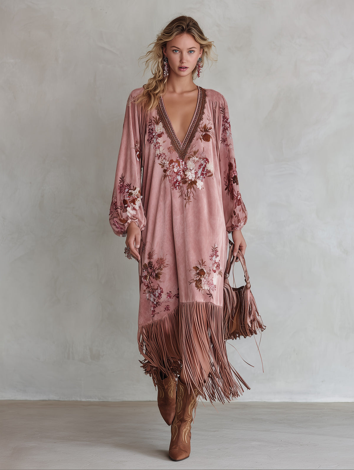 Vintage-style Fringed-hem Pink Floral-print Faux-suede Maxi Dress
