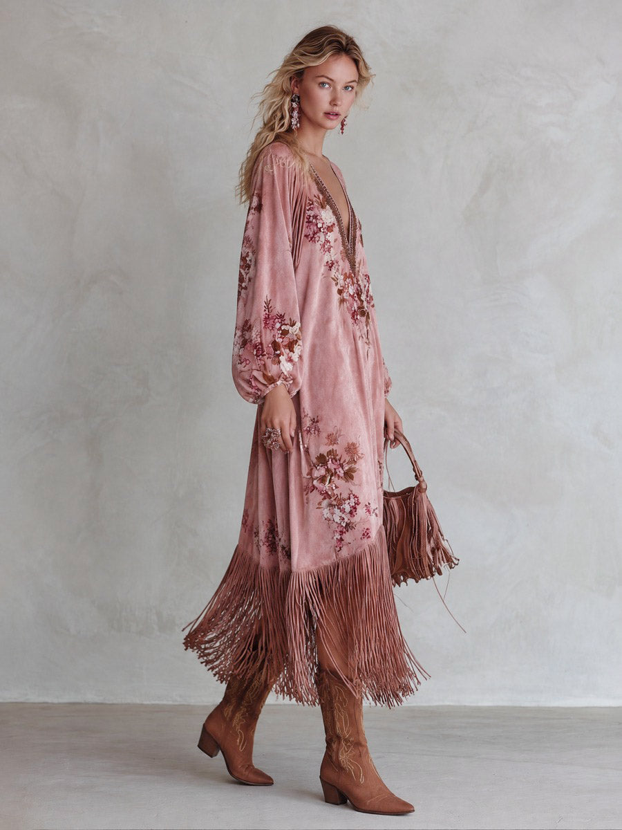 Vintage-style Fringed-hem Pink Floral-print Faux-suede Maxi Dress
