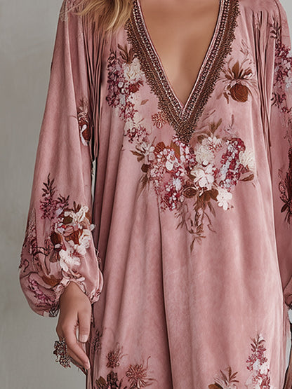 Vintage-style Fringed-hem Pink Floral-print Faux-suede Maxi Dress