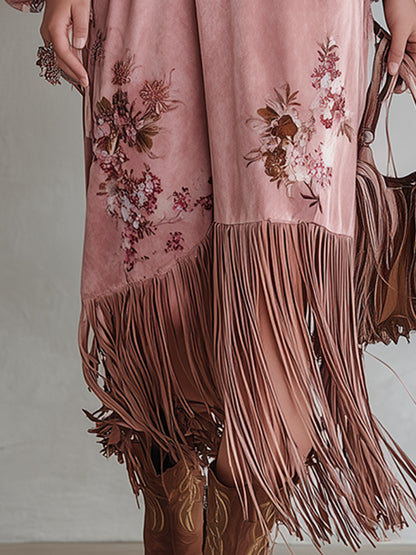 Vintage-style Fringed-hem Pink Floral-print Faux-suede Maxi Dress