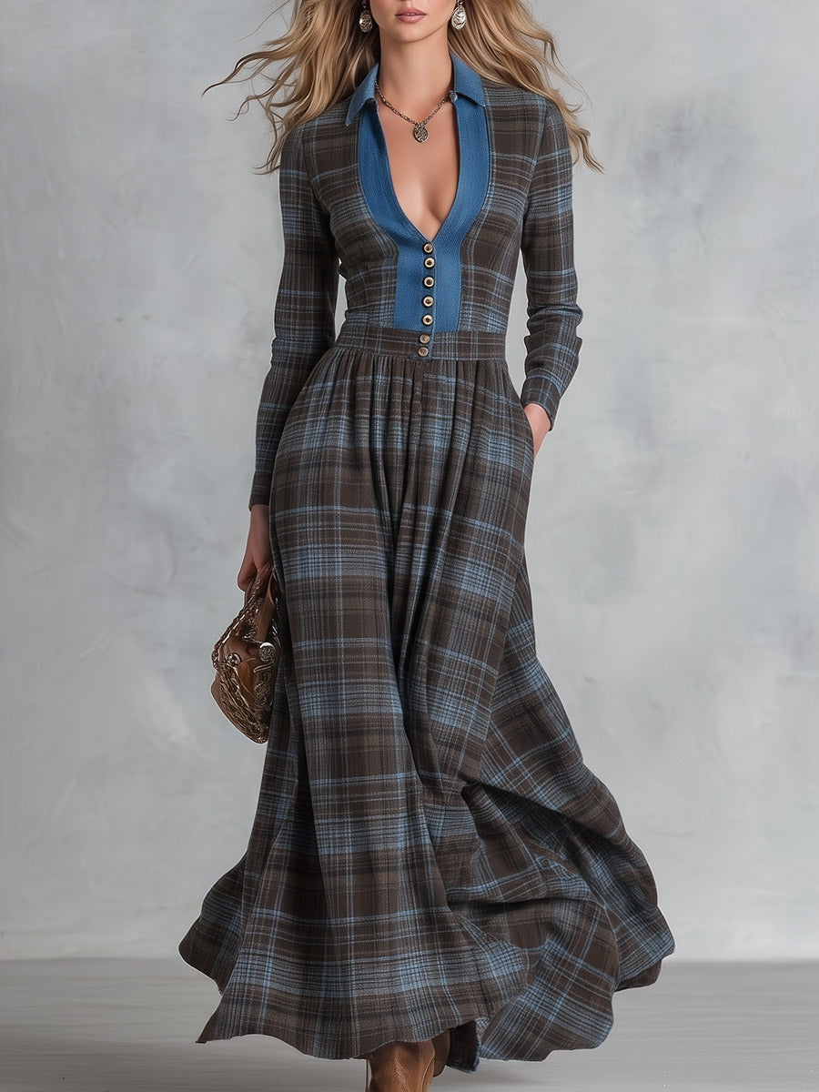 Vintage-Style Denim-Trimmed Brown and Blue Plaid Maxi Dress