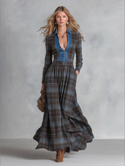 Vintage-Style Denim-Trimmed Brown and Blue Plaid Maxi Dress