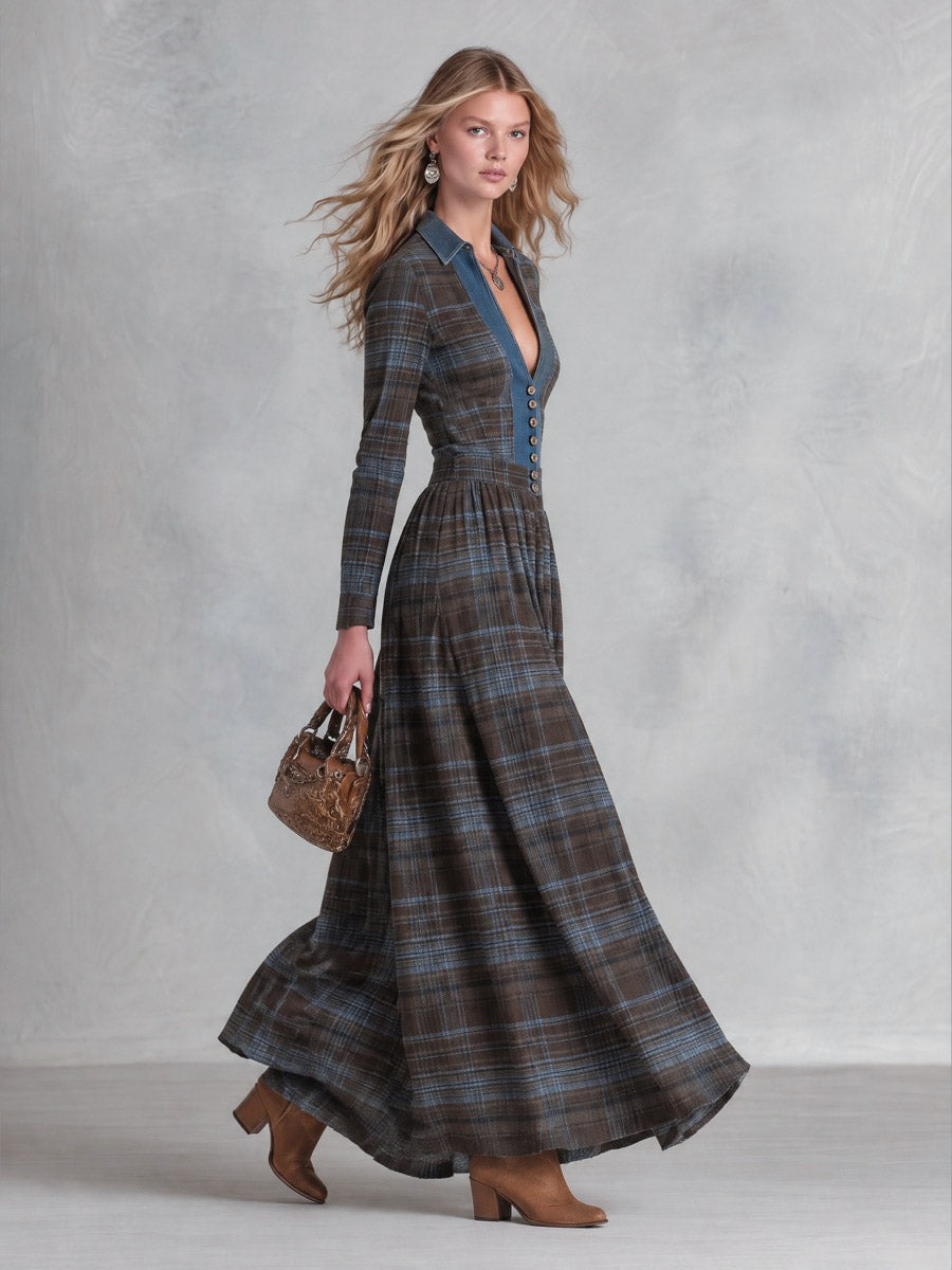 Vintage-Style Denim-Trimmed Brown and Blue Plaid Maxi Dress